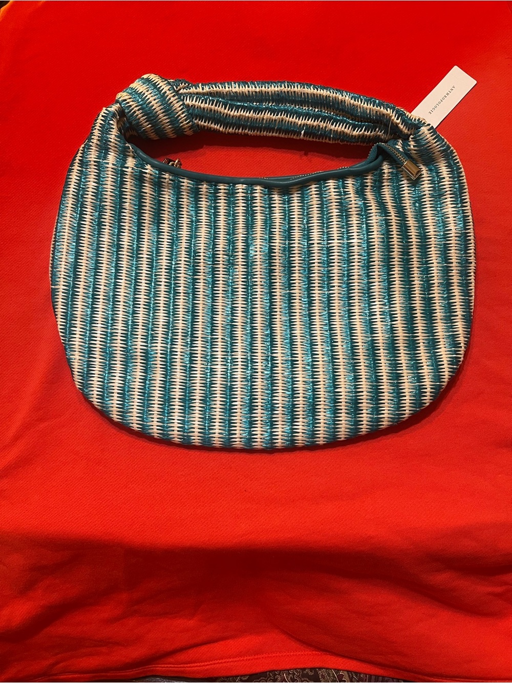 Melie Bianco Teal Raffia Woven Knotted-Handle Shoulder Bag